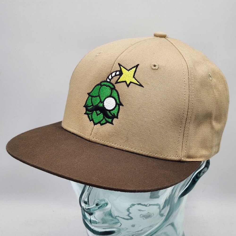 Beer Snobiety Snapback Flatbill Hat Embroidered Green Hop Bomb Logo Tan Brown